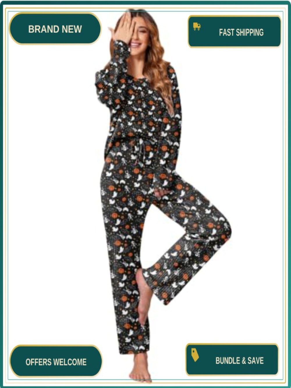 Waffle Knit Pajama Set 2 Piece Long Sleeve Crew Neck Lounge Set with Pockets